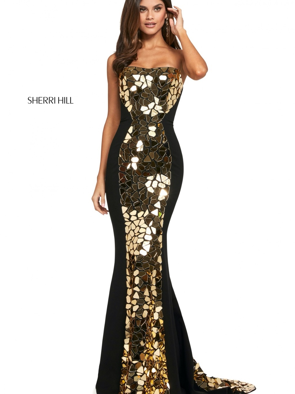 Sherri Hill 53473 Strapless Black & Gold Mirror Prom Formal Gown - Size 2